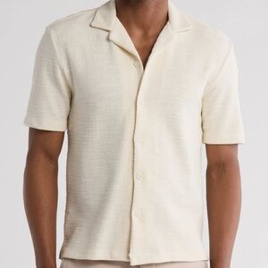 Denim & Flower Textured Knit Short Sleeve Camp Shirt Cream Ivory Men Size Medium
